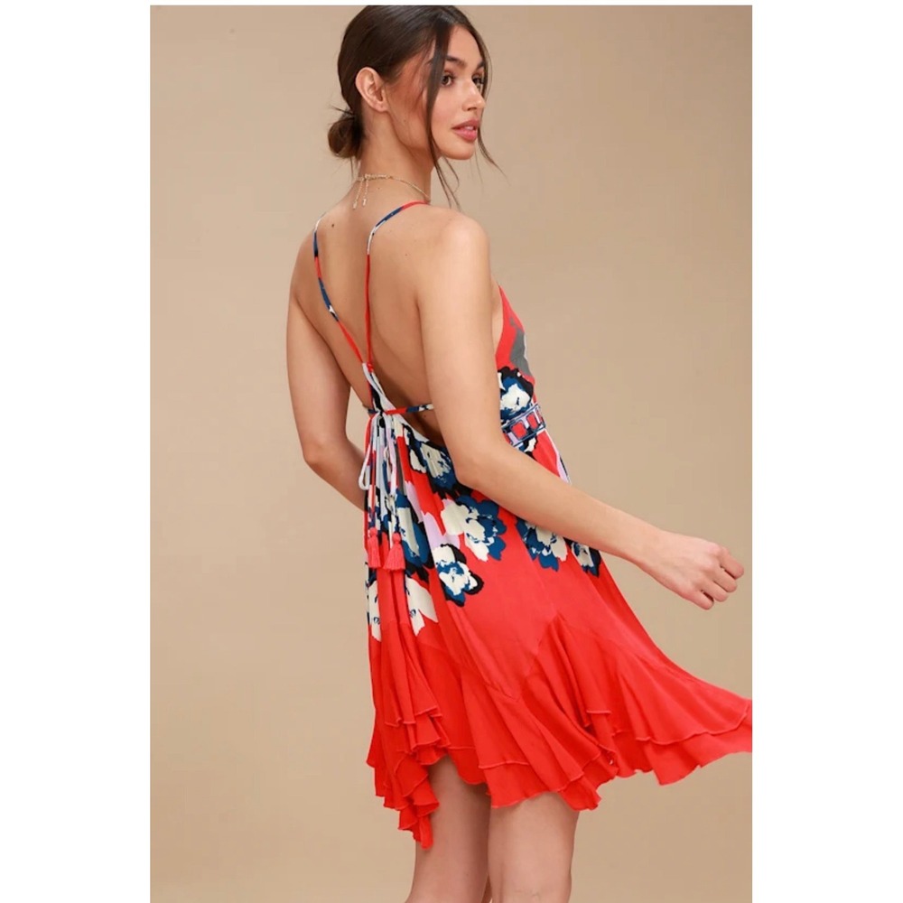 Free People Mini Dress S Red Floral Cherry Kiss Boho Ruffle Tassel Backless